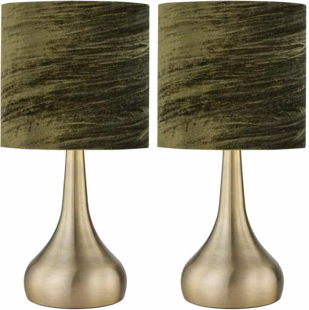First Choice Lighting Romana Set of 2 Antique Brass Touch Table Lamps with Green Fabric Shades – 1