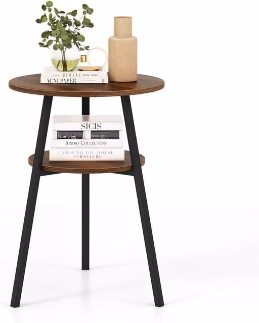 Gymax 2-Tier Round Side Table and Nightstand with Open Storage Shelf in Brown – 1