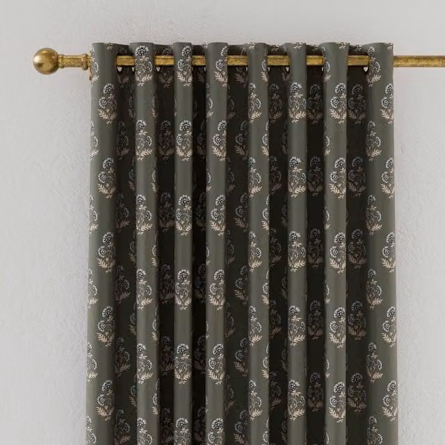 Joules Chamomile Blackout Eyelet Curtains, Floral Cotton, Green and Silver, W: 228.6 cm, H: 137.16 cm