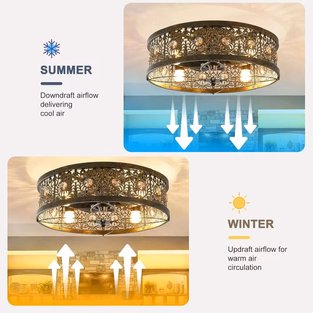 Garwarm Vintage 20 inch Caged Ceiling Fan with Crystal Blades and Light in Bronze – 3