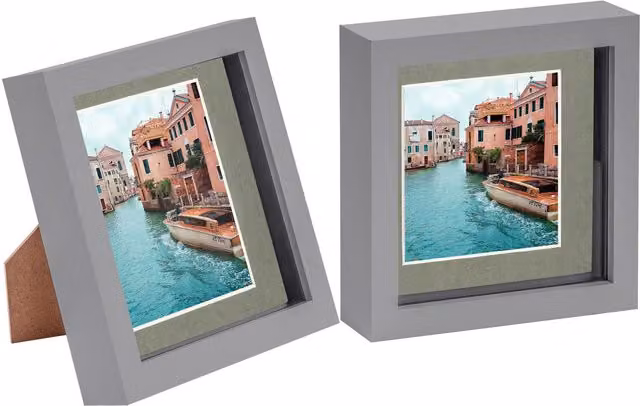 Nicola Spring Pack of 2 Grey Square 3D Box Photo Frames with 4 x 4 inch Mounts