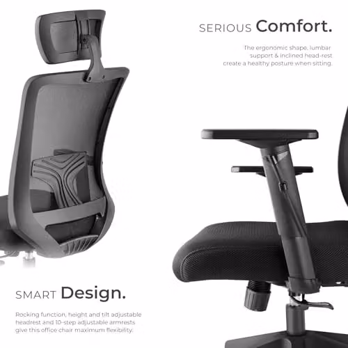 tectake Ergonomic Office Chair in Black with Headrest, Armrests and 360 Degree Swivel Function – 4