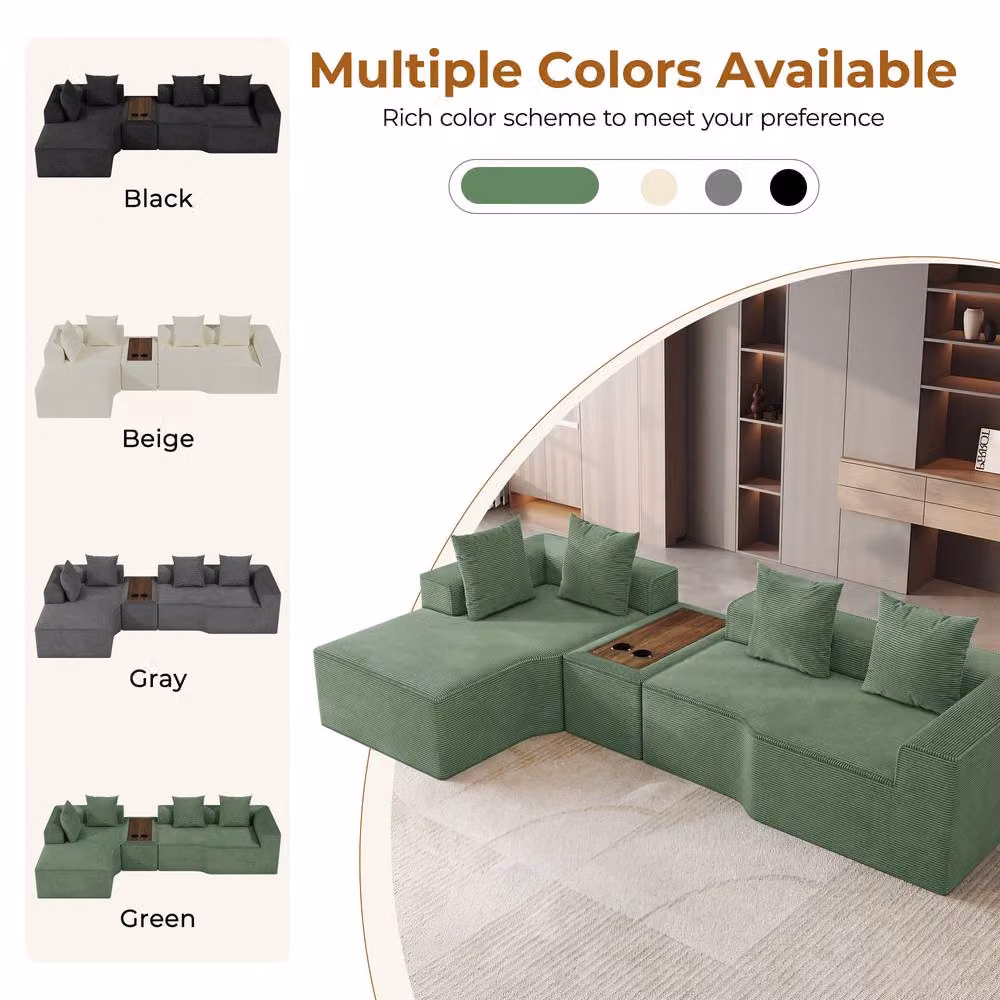 Dprodo Green Corduroy L-Shaped Modular Sofa with Cup Holder Table and Scatter Cushions, Width: 320 cm – 6