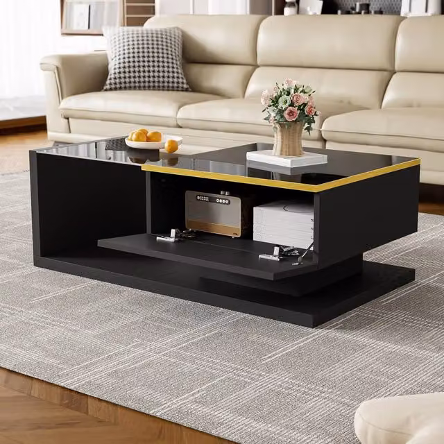 BTM Black High-Gloss Rectangular Coffee Table with Glass Top and Lift Mechanism, W: 90 cm, D: 50 cm, H: 32.5 cm – 1