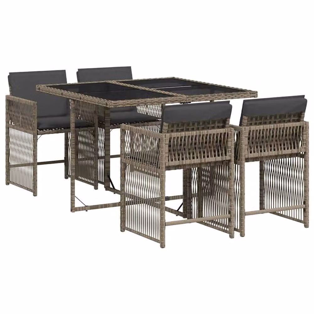 Berkfield Home 5 Piece Grey Poly Rattan Garden Dining Set with Cushions and Glass Top – 2