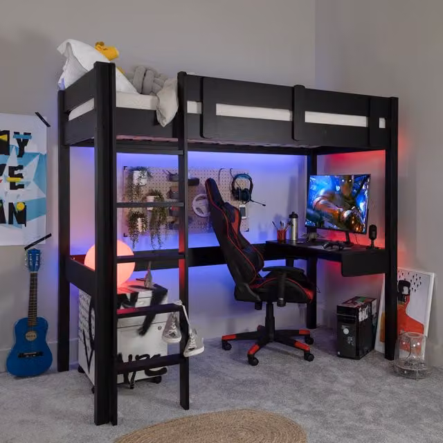 Noa and Nani Gaming Station High Sleeper Kids Bed in Black Solid Pine Wood