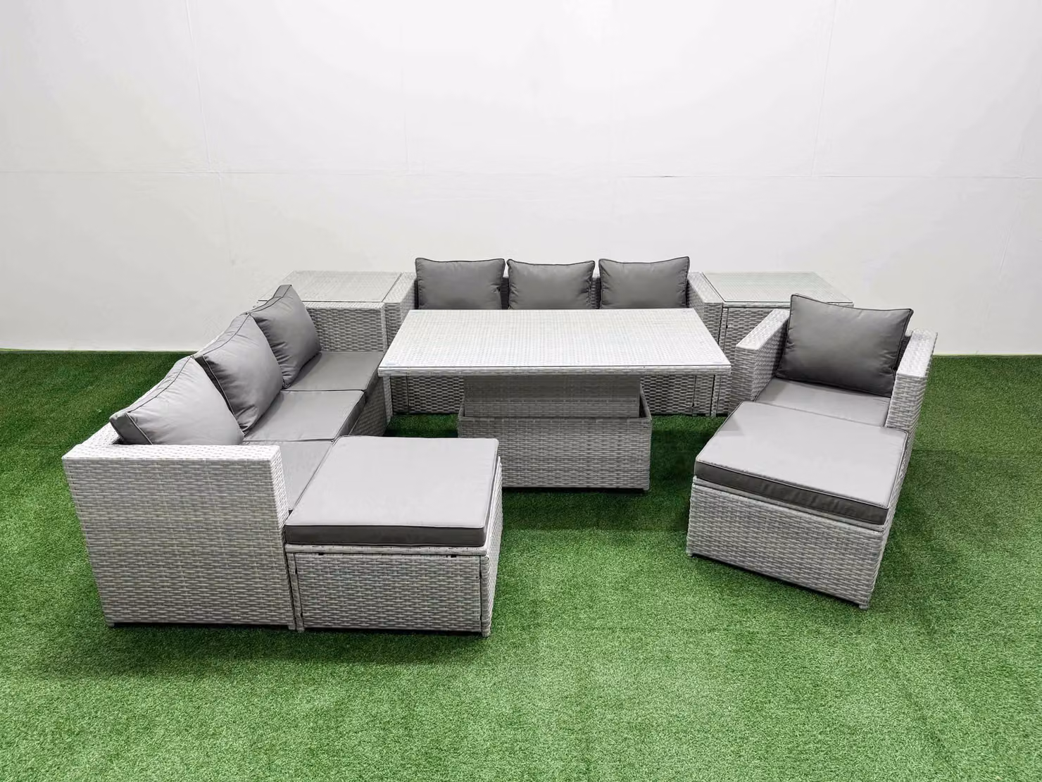 Fimous 7 Piece Rattan Dining Table Set with 3 Seater Sofa in Light Grey – 2