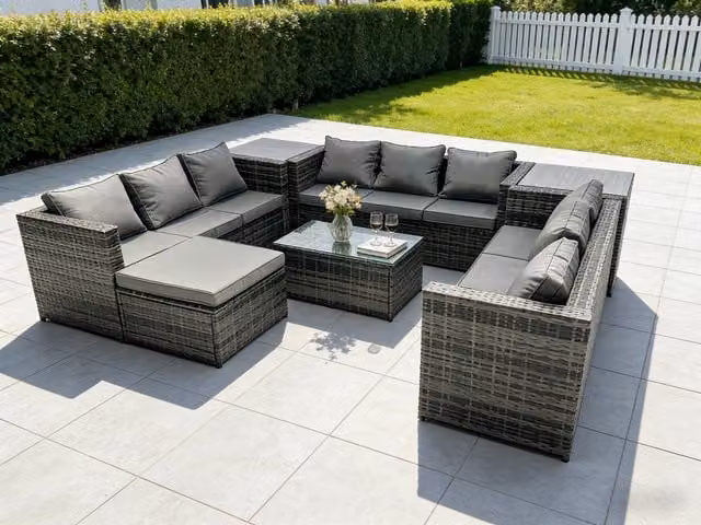 Fimous 10 Seater Rattan U-Shape Garden Lounge Set with Coffee Table and Ottoman in Grey