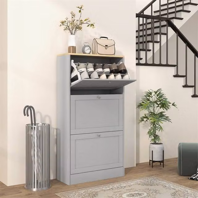 Kelvenix Grey Wall Mounted Shoe Storage Cabinet with 3 Tilting Compartments and Internal Shelves, Width: 100 cm – 1