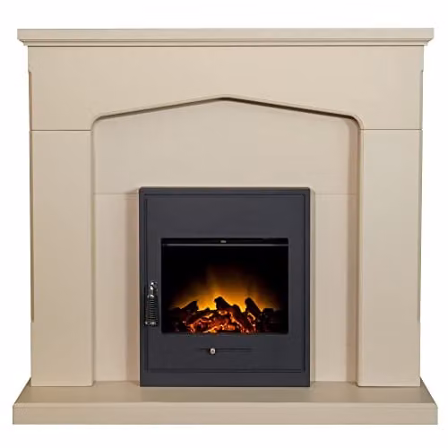 Adam Fires & Fireplaces Adam Cotswold Stone Effect Fireplace with Black Oslo Electric Inset Stove, 48 Inch, Cream/Beige – 1