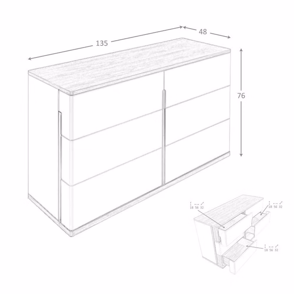 Angel Cerda 6-Drawer Grey MDF Chest with Walnut Veneer, H: 76 x W: 48 x D: 135 cm – 6