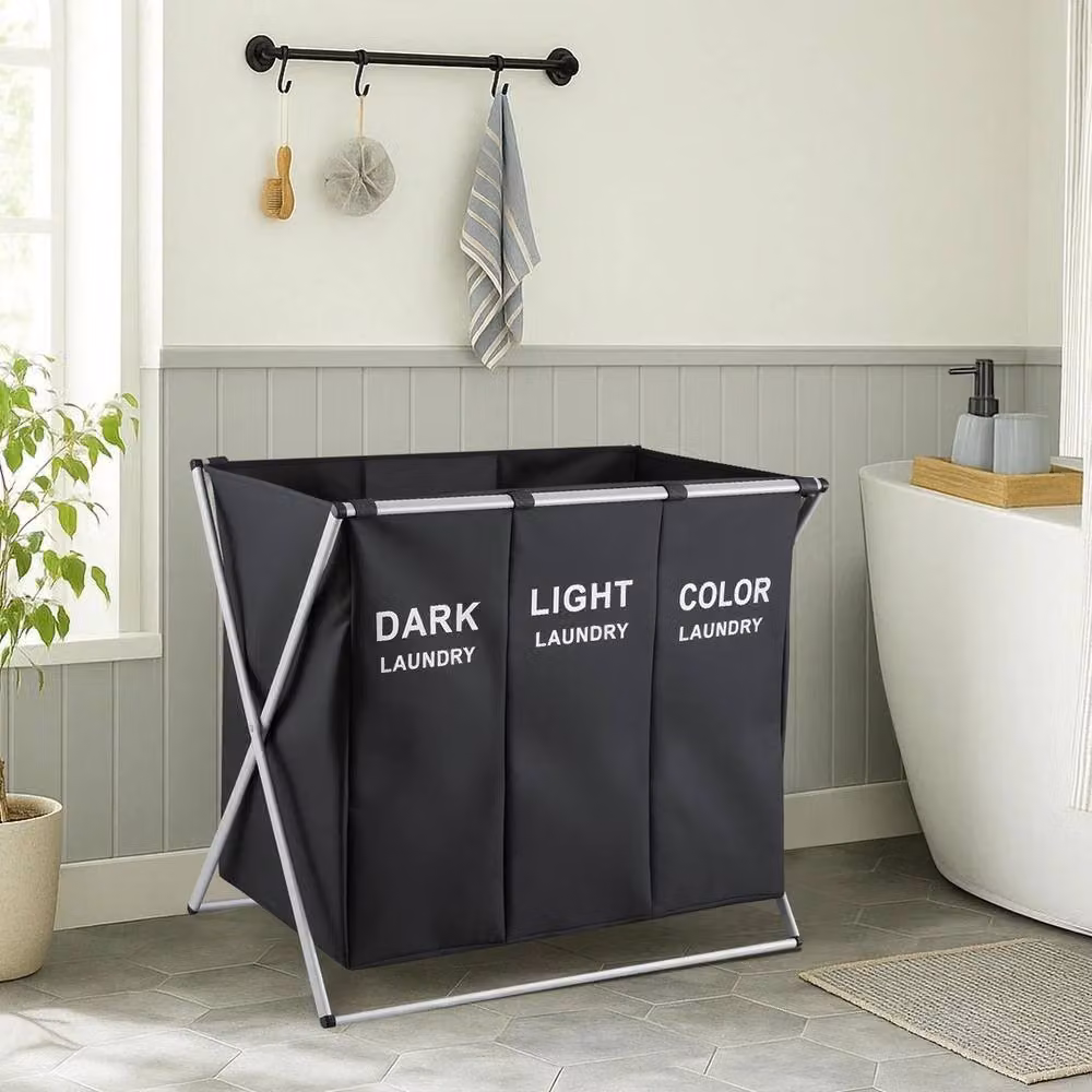 VOGREX Black Collapsible 3 Compartment Large Laundry Basket Bag – 2