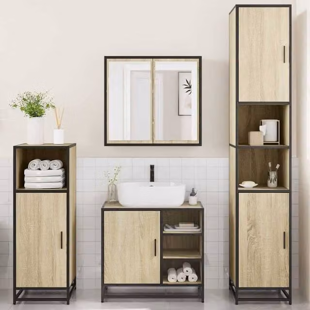 Berkfield Home 4-Piece Bathroom Furniture Set in Sonoma Oak and Beige – 1
