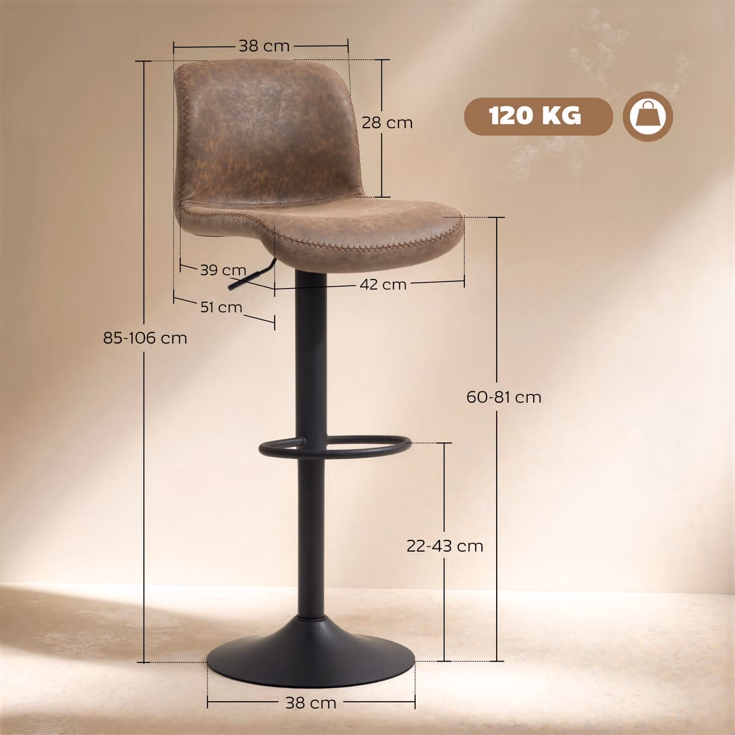 HOMCOM Set of 2 Brown PU Leather Swivel Bar Stools with Backrest and Footrest – 3