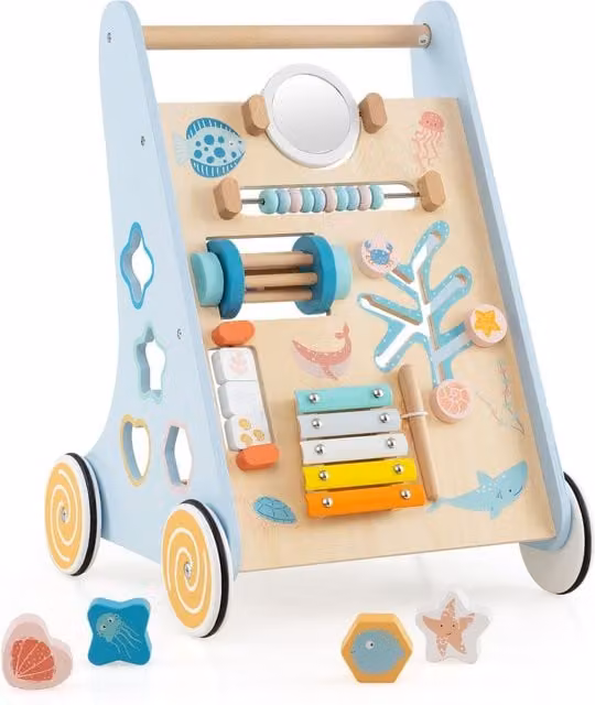 Costway Blue Wooden Push Along Learning Activity Baby Walker with Music