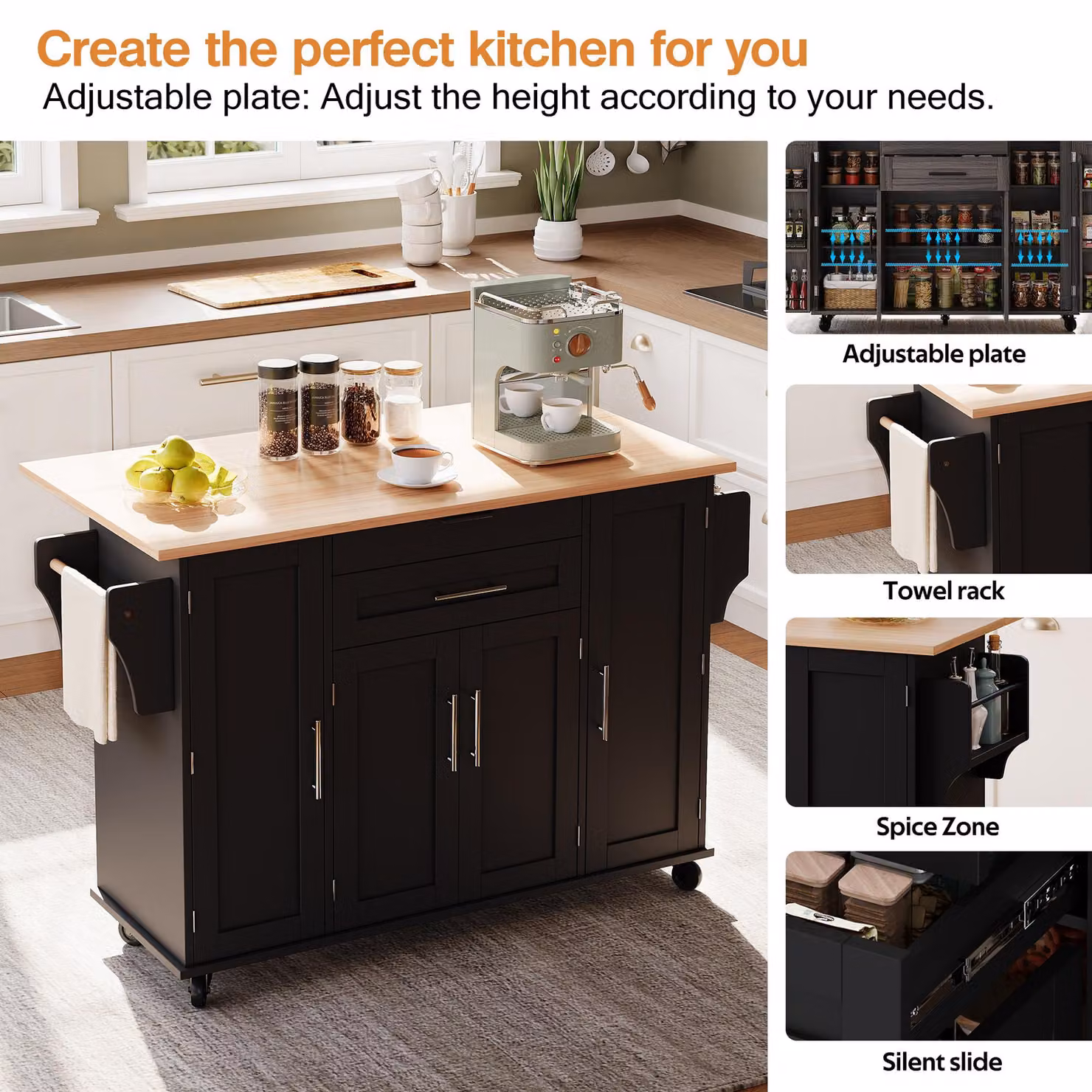 Aosom UK Modern Kitchen Trolley with Fold-Out Worktop and Double-Door Cabinets, Black and Natural, W: 70 cm, D: 70 cm, H: 92 cm – 6