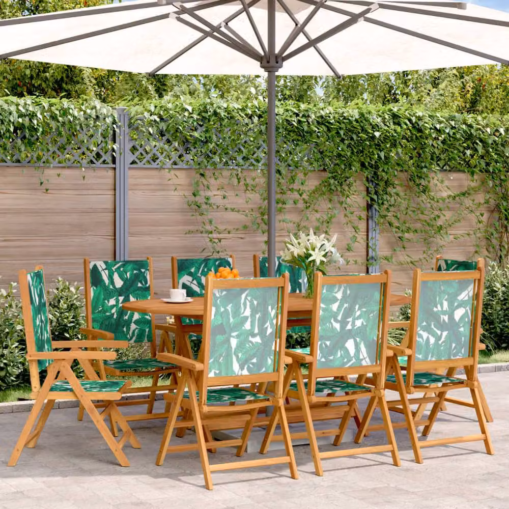Berkfield Home Set of 8 Reclining Garden Chairs in Green Floral Fabric and Oiled Acacia Wood – 2