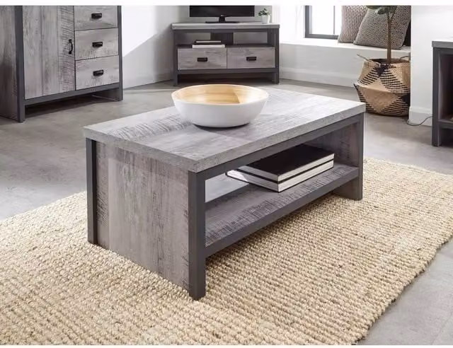FORGEVIO Grey Industrial Coffee Table with 30mm Chunky Distressed Composite Top – 1