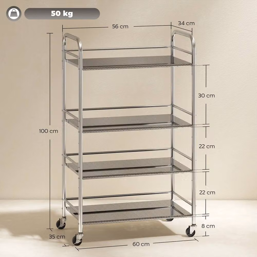 VOGREX 4 Tier Metal Kitchen Trolley and Serving Cart on Wheels in Silver, W/D/H: 60 x 35 x 100 cm – 2