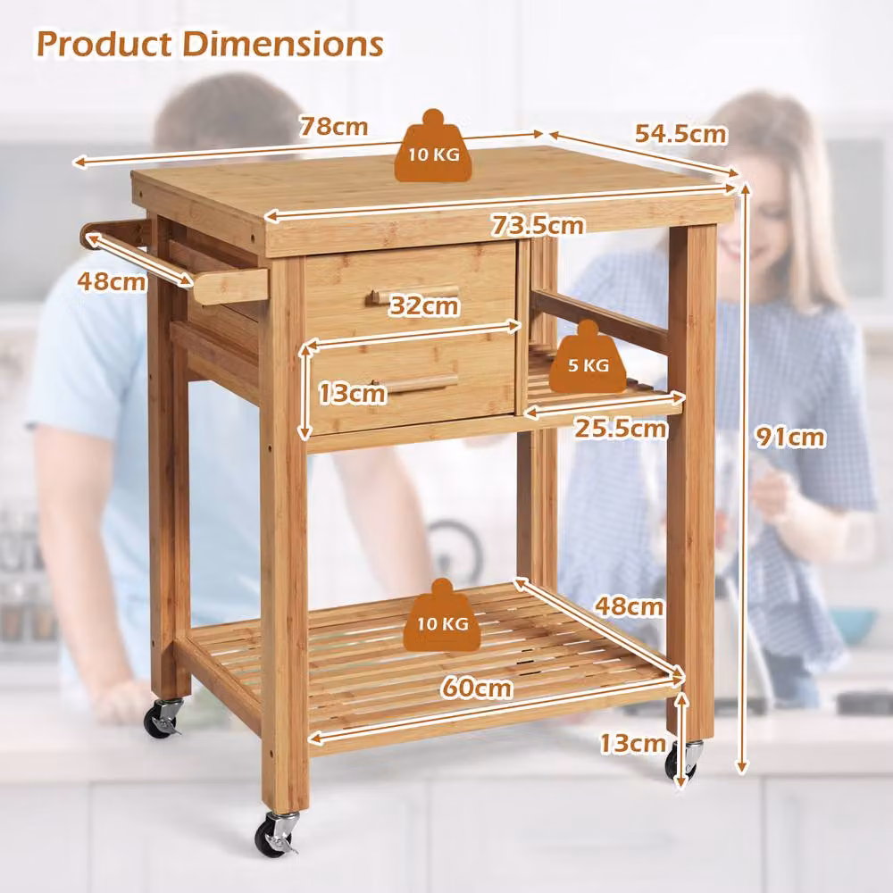 Costway Rolling Bamboo Kitchen Island Cart Trolley with Drawers and Shelves in Natural – 2