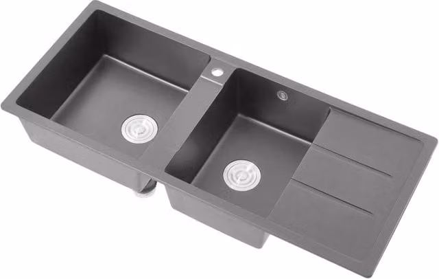 Living and Home Double Bowl Granite Composite Kitchen Sink with Waste Kit in Grey – 1