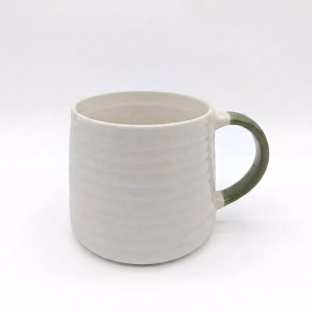 Glim & Glam Set of 4 Ribbed Textured Ceramic Coffee and Tea Mugs, 13oz, White with Green Painted Handles