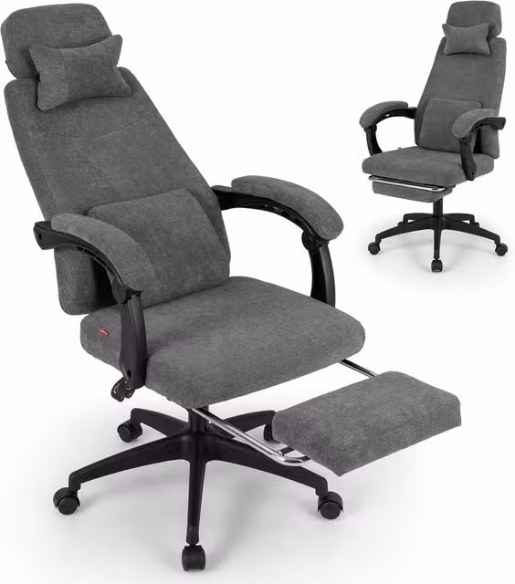 Costway Grey Chenille Fabric Task Chair with Headrest and Armrests for Home Office