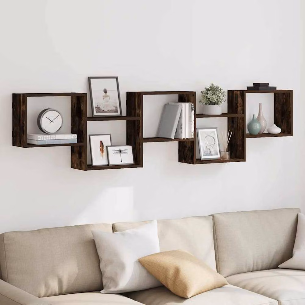 Berkfield Home Wall Mounted Cube Shelf with 5 Compartments in Smoked Oak Brown – 3