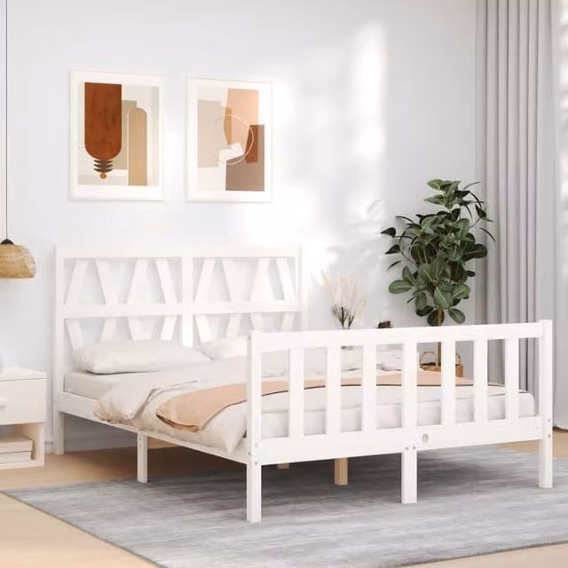Berkfield Home Solid Wood Bed Frame with Headboard in White, W/D/H: 120 x 200 cm