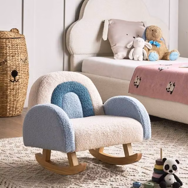 Wyld Haus Blue Bouclé Childrens Rocking Chair with Armrests and Rubberwood Base – 1