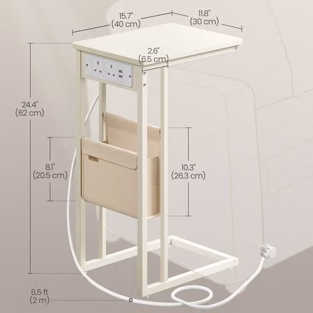 VASAGLE C-Shaped Side Table with Charging Station, White
