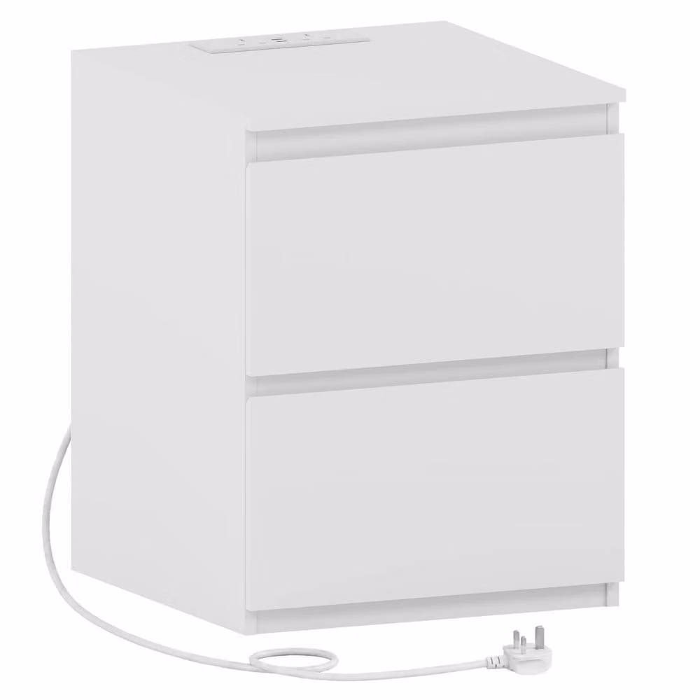 Vida Designs Denver 2 Drawer Large Bedside Chest with Power Outlet in White – 2