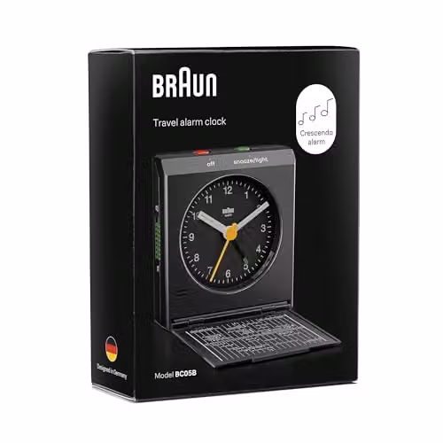 Braun Classic Analogue Travel Alarm Clock with Snooze and Light in Black, Model BC05B – 10