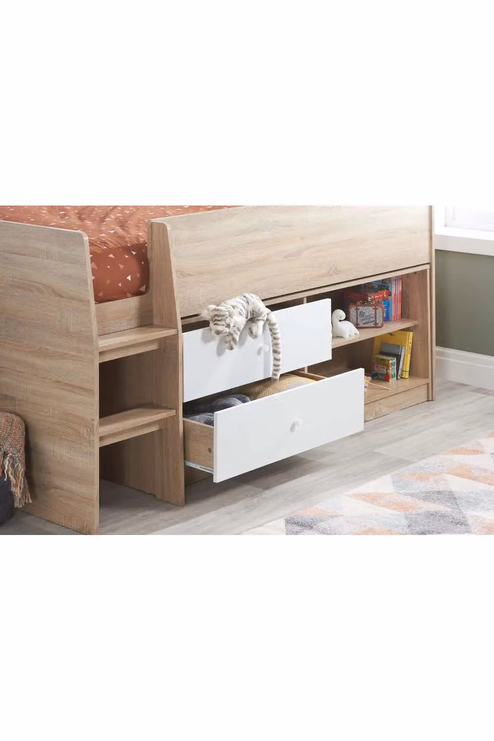 Birlea Leyton Mid-Height Cabin Bed Frame with Stairs and Drawers in White and Brown – 2