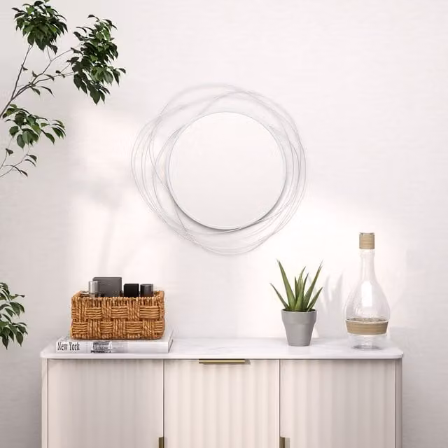 HOMCOM Modern Round Metal Wall Art Mirror in Silver, Diameter: 65 cm – 1