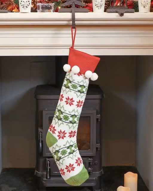 Dibor Set of 4 Knitted Fair Isle Pompom Christmas Stockings in White, Red, Green and Multicolour – 1