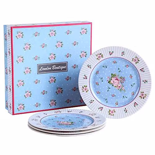 London Boutique Set of 4 Floral Blue Porcelain Fine Bone China Wide Rimmed Cake Plates – 1