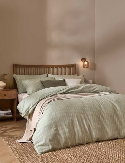 YARD Pure Cotton Percale Linear Stripe Bedding Set in Green Mix, 200 x 200 cm