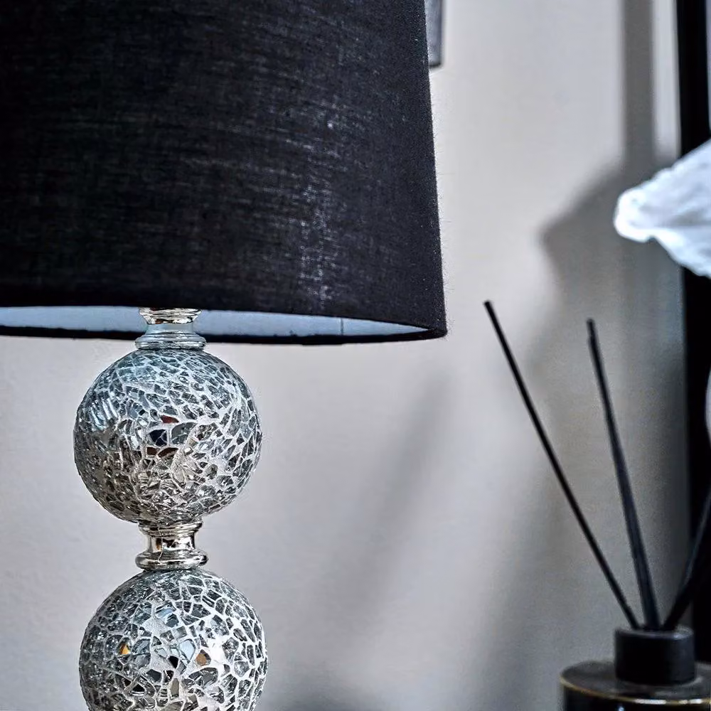 MiniSun Set of 2 Modern Chrome and Mosaic Glass Table Lamps with Black Shades – 3