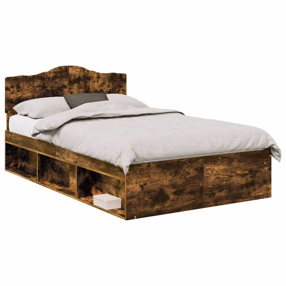 Berkfield Home Smoked Oak Bed Frame in Brown Solid Pine Wood W: 135 cm, L: 190 cm – 2