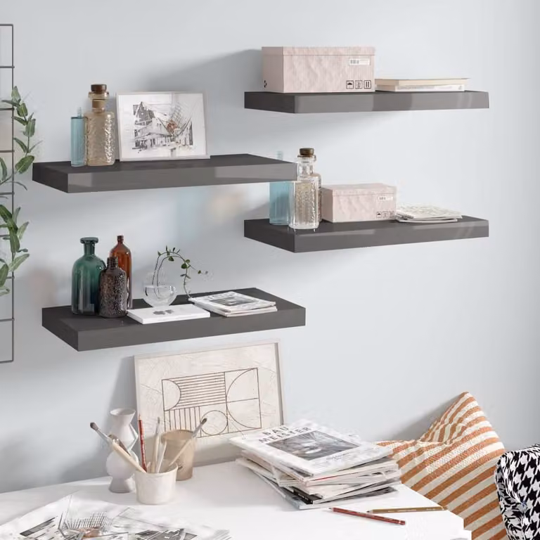 Berkfield Home Set of 4 Durable Floating Wall Shelves in High Gloss Grey, W/D/H: 50 x 23 x 3.8 cm
