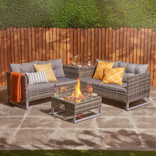 Home Treats Grey Rattan L-Shape Garden Firepit Furniture Set with Upholstered Cushions and Coffee Table