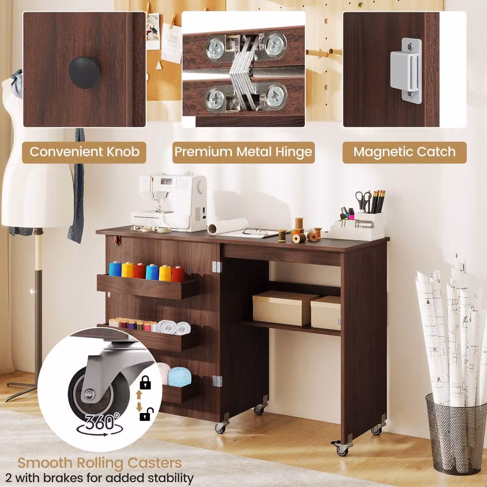 Gymax Folding Rolling Sewing Machine Desk and Craft Station with Storage Shelf in Brown – 4