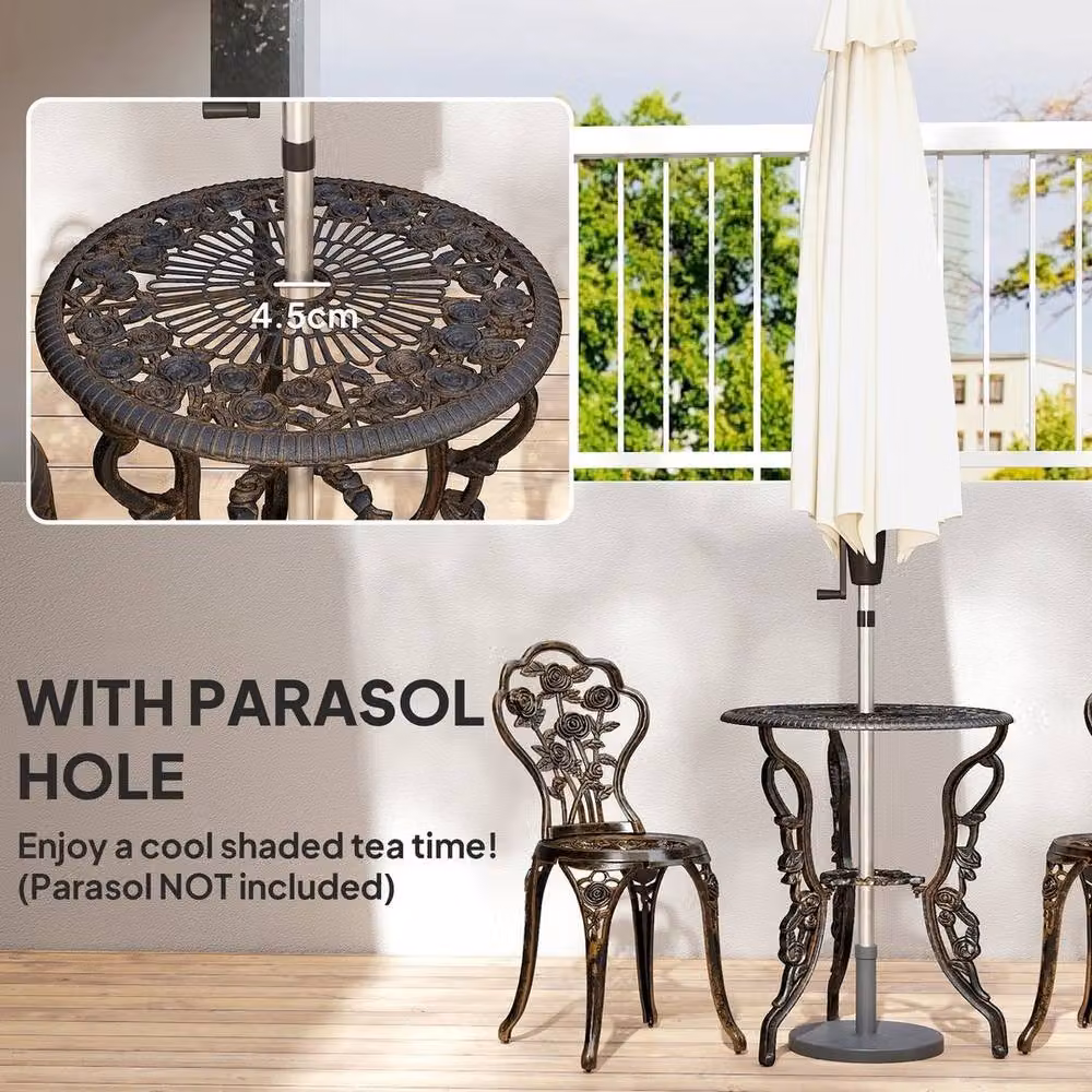 KORVIXA Bronze Metal Outdoor Bistro Set with Umbrella Hole and Floral Vintage Design – 2