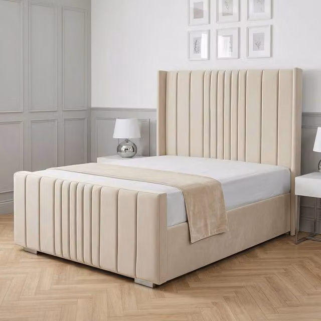 Living Comfort Bedz Cambridge Wingback Upholstered Velvet Bed with Slatted Base in Beige, Size: 180 x 200 cm