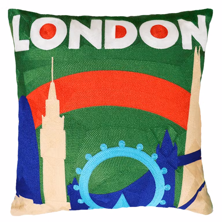 The Pillow Drop London Needlepoint Square Velvet Cushion in Blue and Green, W/D/H: 45 x 45 x 4.5 cm