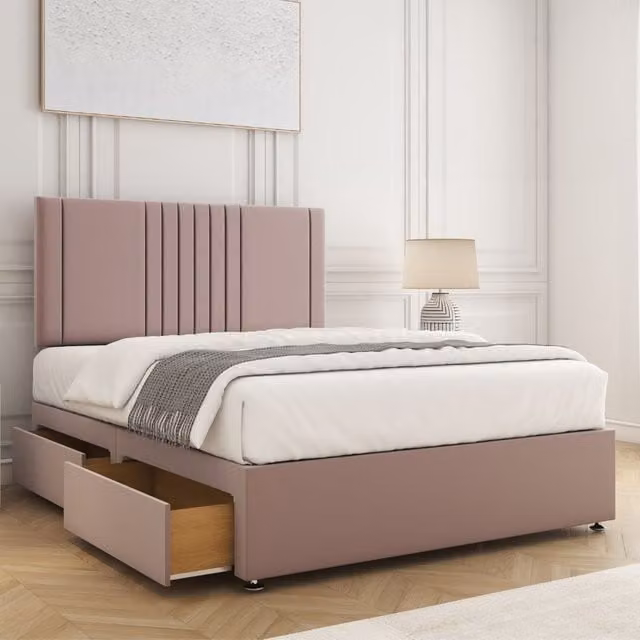 BSSPOKE Monaco Pink Velvet Single Divan Bed Set with 24 inch Headboard, 2 Drawers and Mattress, W/D/H: 90 x 190 cm