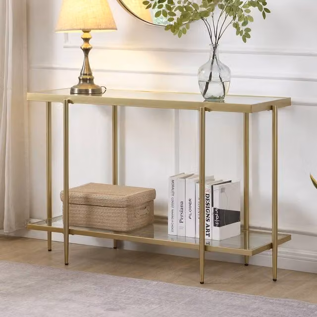 Mona Vale Furniture Modern Gold Console Table with Glass Top and 2-Tier Metal Storage Shelf
