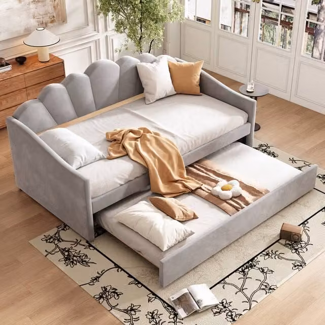 ModernLuxe Upholstered Single Daybed with Trundle Bed in Grey Velvet Fabric