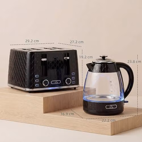 HOMCOM Kettle and Toaster Set in Black with 1.7L Glass Jug Kettle and 4-Slice Toaster – 6